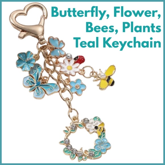 Butterfly New Bag Charm Keychain Butterfly And Teal Flowers - Picture 1 of 5